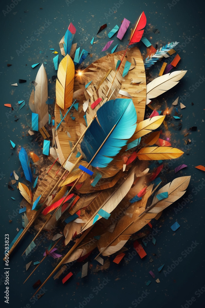 Poster a digital collage of abstract bow and arrow elements combined with natural textures, such as wood or