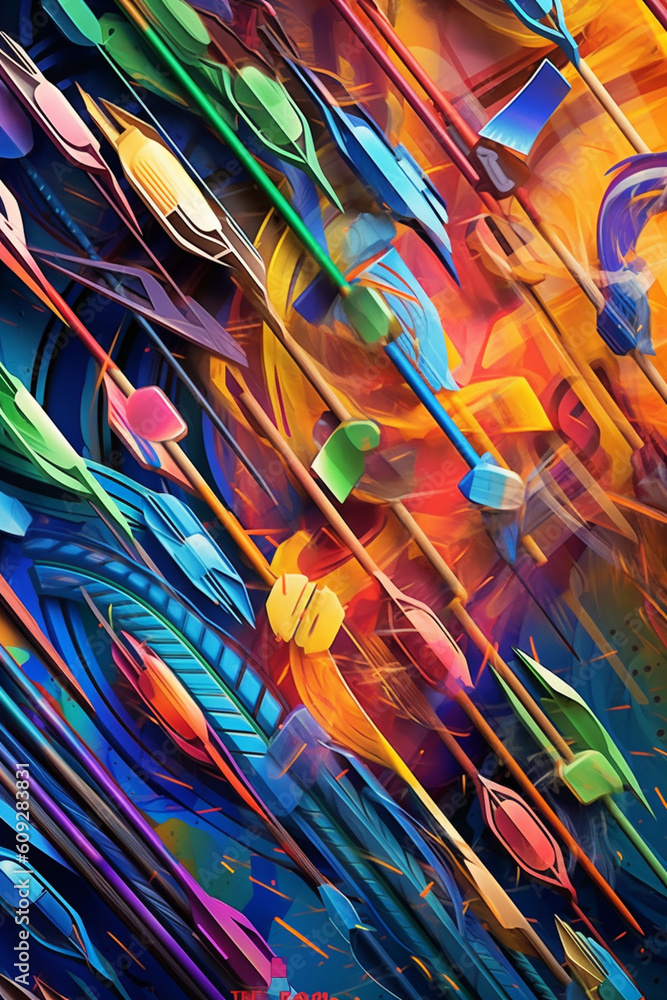 Poster  A series of abstract drawings depicting bow and arrow motifs in different styles, showcasing the diverse interpretations and artistic approaches to this subject matter.  Generative AI technology.