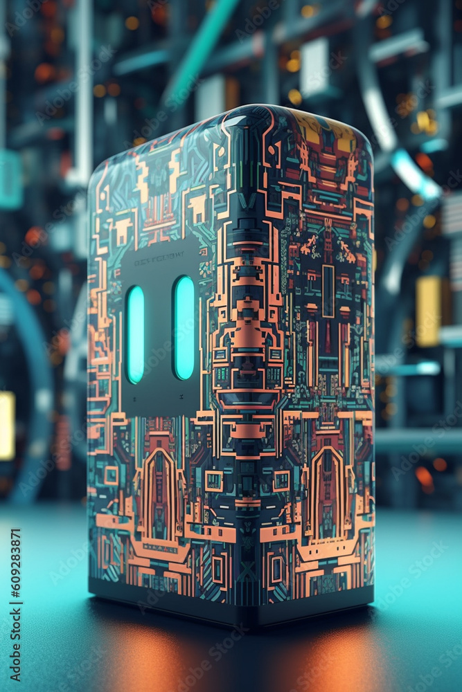 Poster an abstract digital artwork featuring a charging station composed of geometric shapes and patterns, 