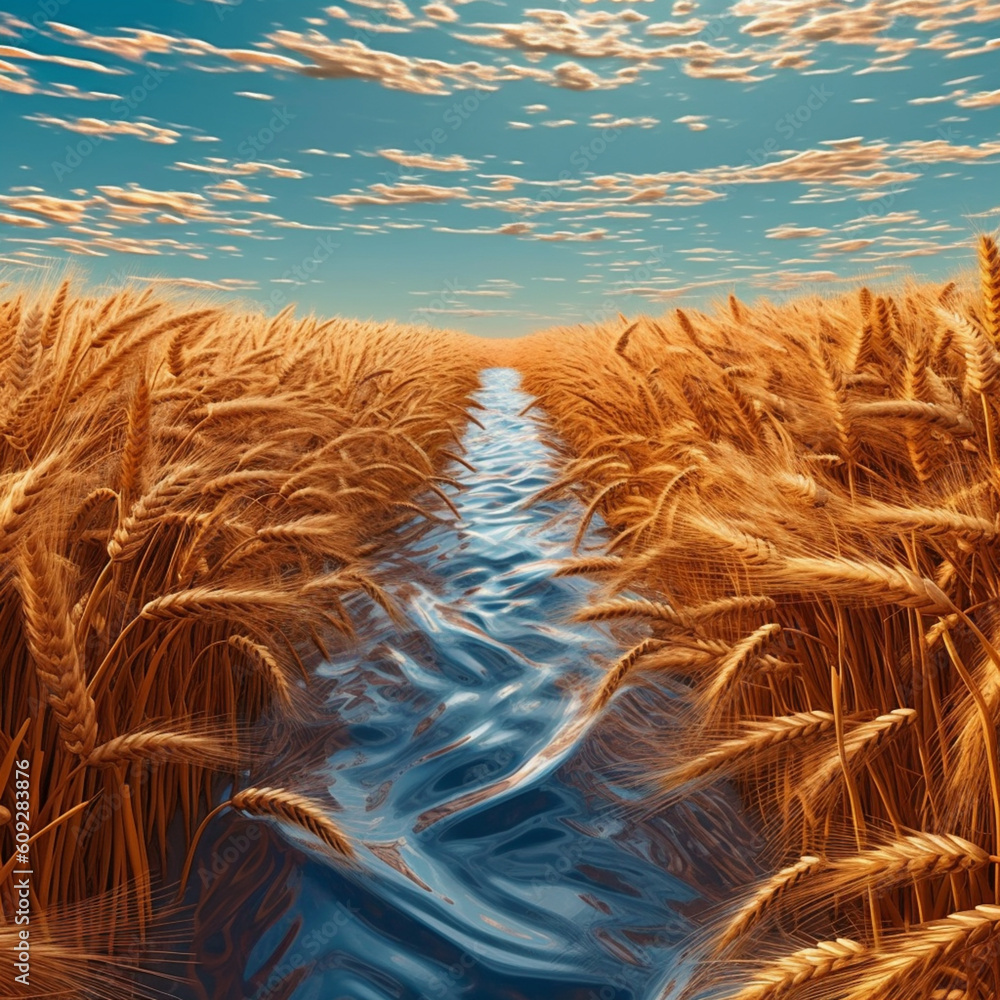 Poster  A creative digital artwork depicting a field of wheat ears transforming into a flowing river, symbolizing the cycle of life and the nourishment provided by the grain.  Generative AI technology.