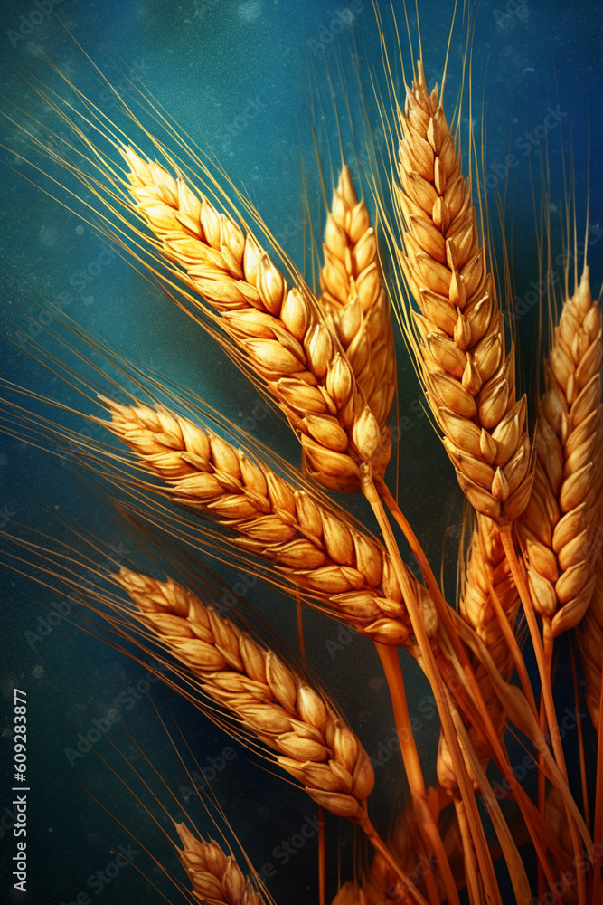 Poster an artistic illustration of wheat ears against a textured background, showcasing the intricate detai