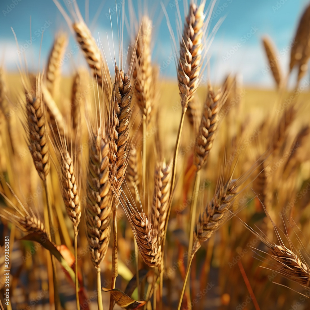 Aufkleber   close-up image of wheat ears gently swaying in the wind, evoking a sense of calm and tranquility.  Generative AI technology.