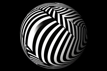 3D geometric striped rounded shape. Sphere. Black and white optical art. Wavy pattern. Abstract background.AI Generative