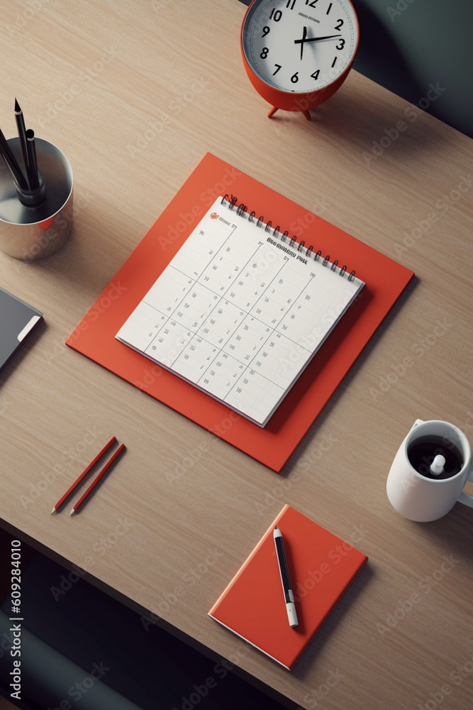 Poster an overhead shot of a neatly arranged desk with a black and red month lined desk calendar as the foc