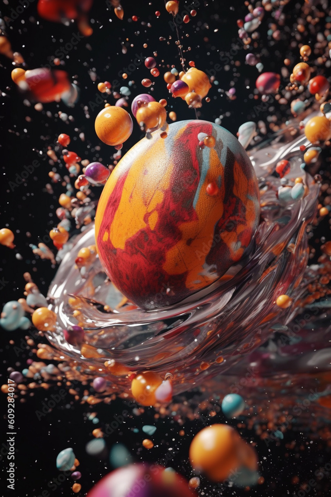 Poster A digital composition of abstract objects floating in space, creating a surreal and ethereal atmosphere.  Generative AI technology.