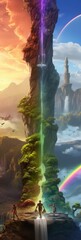 Realm of Wonder Cliffs, Waterfall, Rainbow, and Whirling Magic in a Fantasy Landscape Wallpaper - Fantasy Landscape with Cliffs, Waterfall and Rainbow Background created with Generative AI Technology