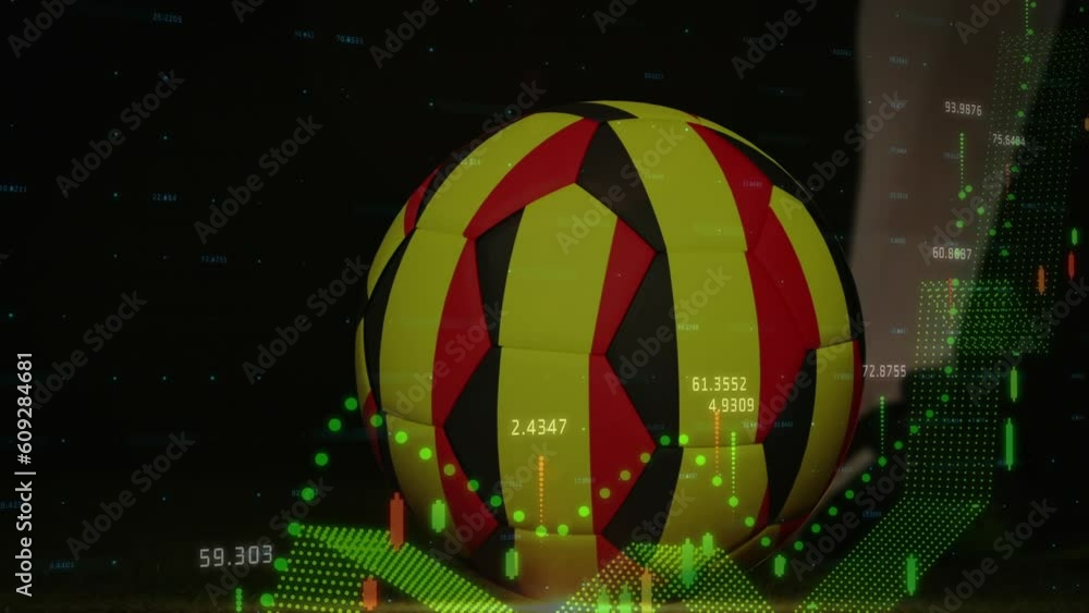 Poster animation of graphs with numbers over low section of soccer player kicking ball with belgium flag