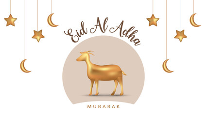 Eid Al-Adha Mubarak. Greeting card with sacrificial Hajj, lamb, star, mosque and crescent moon on white background. Ramadan Eid theme. Vector illustration.