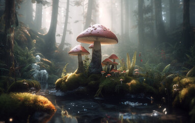 mushroom in the forest dreamlike and ethereal forest scene with soft, pastel colors and a mystical atmosphere,  Generative AI