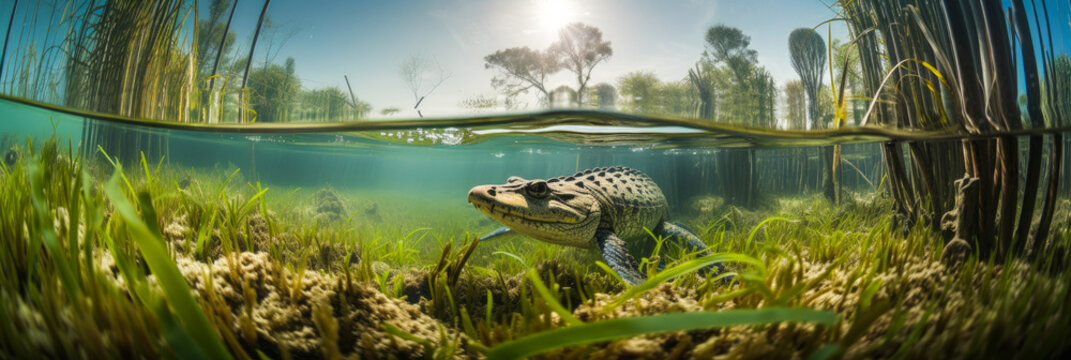 Captivating underwater panorama featuring a crocodile swimming amidst marsh reeds, evoking awe and admiration for its environment and natural grace. License now! Generative AI