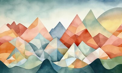 mountains of pastel colors painted in cubist's watercolor style