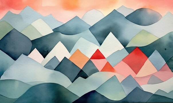 mountains of pastel colors painted in cubist's watercolor style