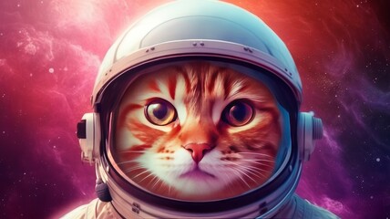 A ginger cat in an astronaut's helmet on the background of the universe with planets in neon style. Generative AI.