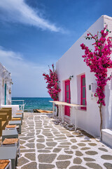 Beautiful alleyway of Greek island towns open to seafront on sunny day