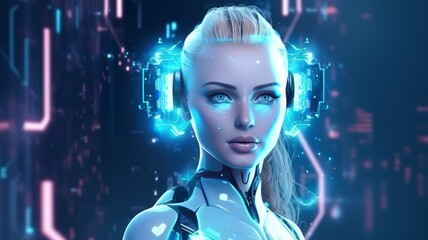 Humanoid cyber girl in virtual digital technologies in neon light, futuristic robot in 3d render. The concept of coexistence of people and robots. Generative AI.