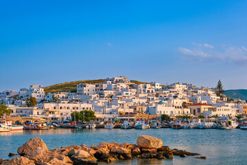 Beautiful Greek fishermen village on hilltop and by waterfront in