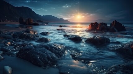 Fototapeta na wymiar Beautiful twilight over the sea. Dramatic sea landscape. Generative AI