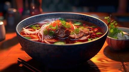 Taiwanese Beef Noodle Soup tasty meal background. Delicious food. Generative AI - obrazy, fototapety, plakaty