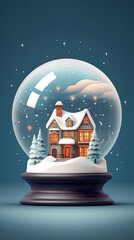 Glass snow globe Christmas decorative design. Podium under glass dome with white snowdrift, glow garland. Generative AI