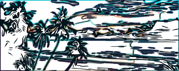 sketch of a beach scene accompanied by coconut trees with transparent background