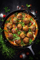 Lentil and mushroom meatballs vegetarian dish on black stone surface background. Generative AI