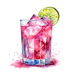 Refreshing pink drink or cocktail with ice, garnished with a slice of lime. Generative AI