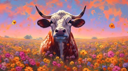 Cow in field of wild flowers. Generative AI