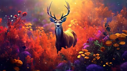 Deer in field of wild flowers. Generative AI