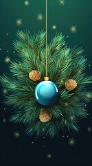 Christmas background with balls and branch of spruce tree. Generative AI