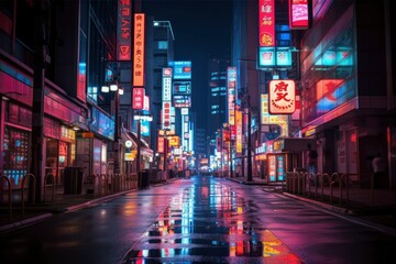 A night of the neon street at the downtown in Tokyo generative ai