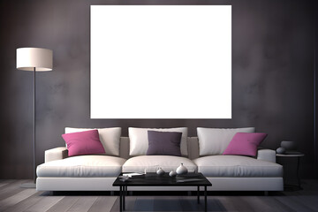 empty mock-up frame positioned within a stylish home interior design, featuring a modern sofa. isolated on wall, ai generative,