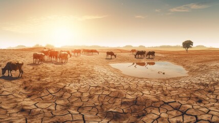 Animals drink water from puddles, dry trees and plants affected by lack of water and rainfall on cracked soil. The concept of abnormal heat and drought on the planet earth. AI generated.