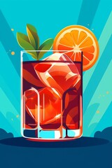 Cocktail with orange and ice on blue background. Digital illustration, generative Ai