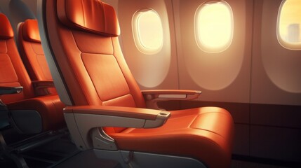 Interior of airplane with seats and window view. 3d rendering, generative Ai