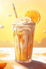 Refreshing peach cocktail with ice cubes and fruits on orange background, generative Ai