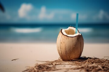 A coconut with a blue straw on a beach. Generative AI - obrazy, fototapety, plakaty