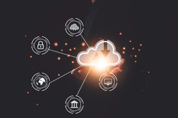 Hand holding to virtual artificial intelligence with cloud computing technology transformation....