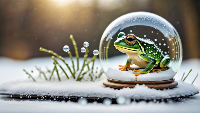 a frog sitting inside of a glass ball in the snow, snow globe, inside a snow globe, snowglobe, glass bubble helmet, award, ultrarealistic photography, glass ball, realistic fa, Générative IA