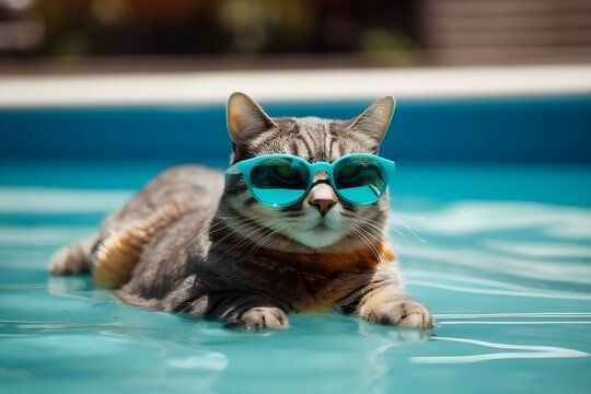 A cute cat wearing sunglasses lying on a float in swimming pool. Generative AI