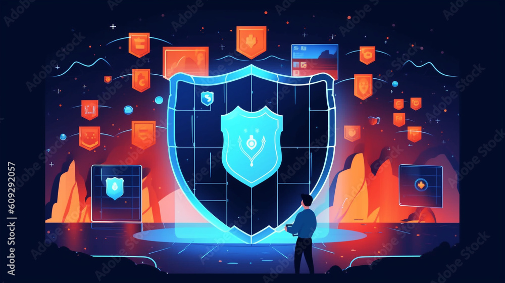 Poster illustrate the importance of internet safety and data privacy with a digital shield surrounded by a 