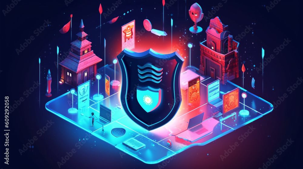 Poster internet safety and data privacy with a digital shield surrounded by a firewall, deflecting hacker a