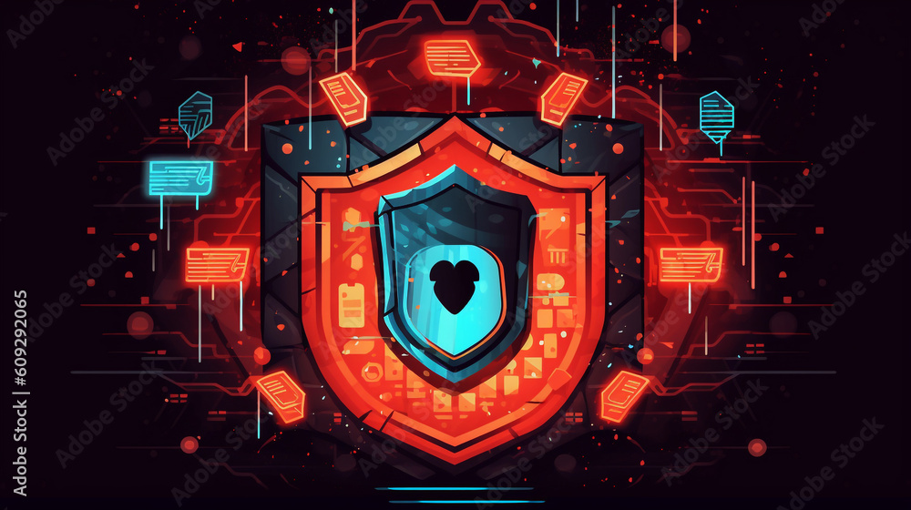 Poster illustrate the importance of internet safety and data privacy with a digital shield surrounded by a 
