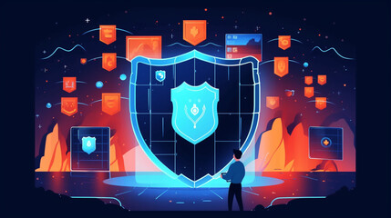 Illustrate the importance of internet safety and data privacy with a digital shield surrounded by a firewall, deflecting hacker attacks and safeguarding sensitive information, Generative AI