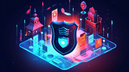 internet safety and data privacy with a digital shield surrounded by a firewall, deflecting hacker attacks and safeguarding sensitive information, Generative AI