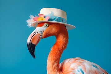 A flamingo wearing a sun hat on blue background with copyspace. Generative AI