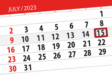 Calendar 2023, deadline, day, month, page, organizer, date, July, saturday, number 15