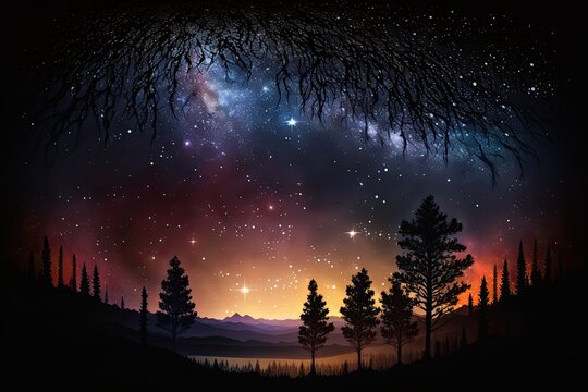 night sky in forest, generative ai