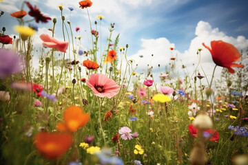 Fresh springtime flowers in a meadow. New life, happiness, fresh, outdoors. Created with generative ai