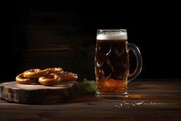 A glass of beer with pretzels on a wooden table