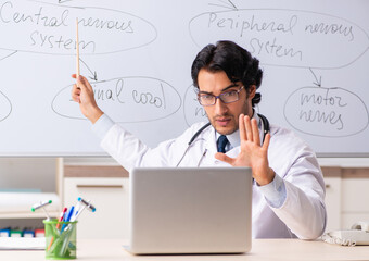 Young male doctor neurologist in front of whiteboard